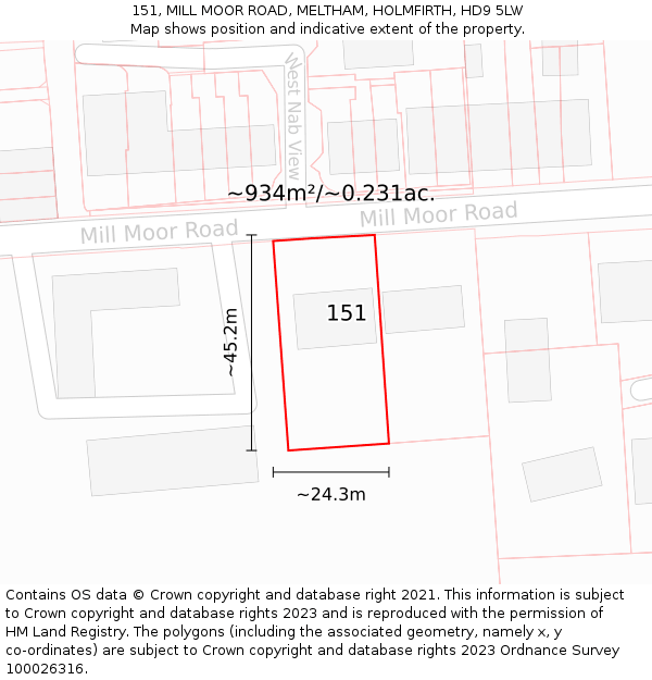 151, MILL MOOR ROAD, MELTHAM, HOLMFIRTH, HD9 5LW: Plot and title map