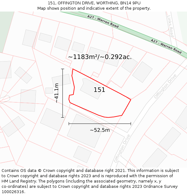 151, OFFINGTON DRIVE, WORTHING, BN14 9PU: Plot and title map