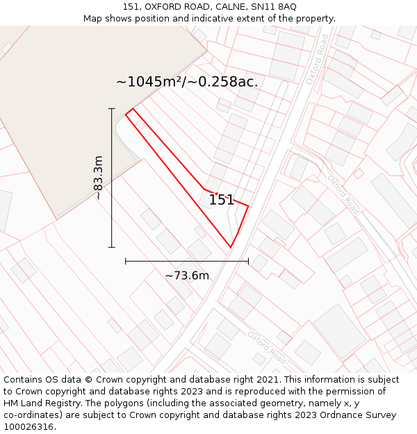 151, OXFORD ROAD, CALNE, SN11 8AQ: Plot and title map