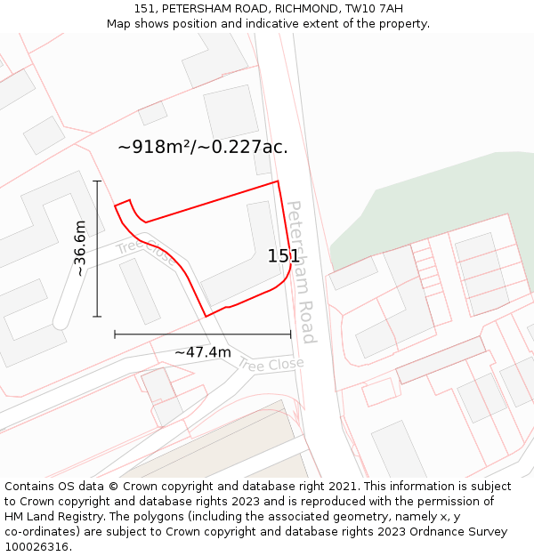 151, PETERSHAM ROAD, RICHMOND, TW10 7AH: Plot and title map