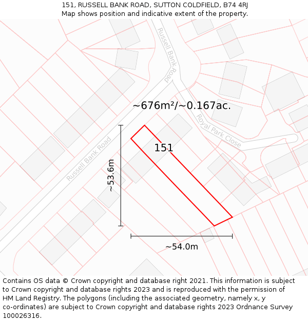 151, RUSSELL BANK ROAD, SUTTON COLDFIELD, B74 4RJ: Plot and title map