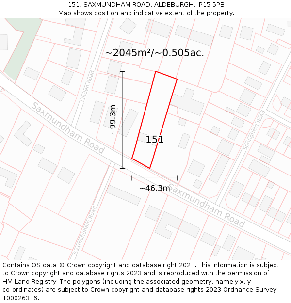 151, SAXMUNDHAM ROAD, ALDEBURGH, IP15 5PB: Plot and title map