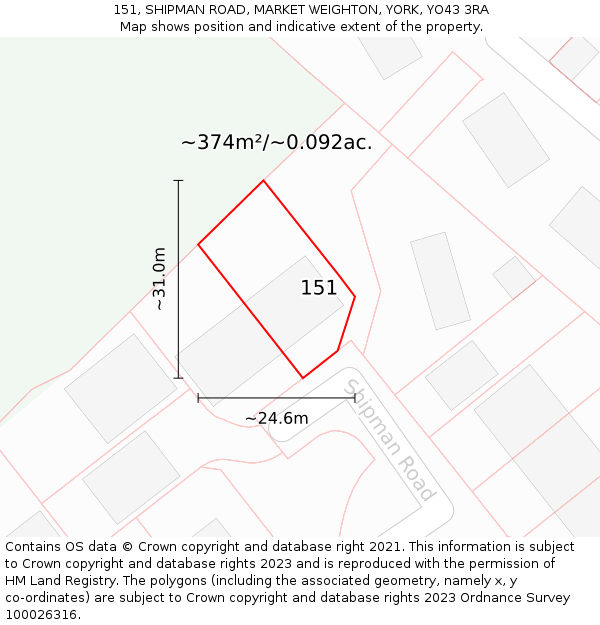 151, SHIPMAN ROAD, MARKET WEIGHTON, YORK, YO43 3RA: Plot and title map