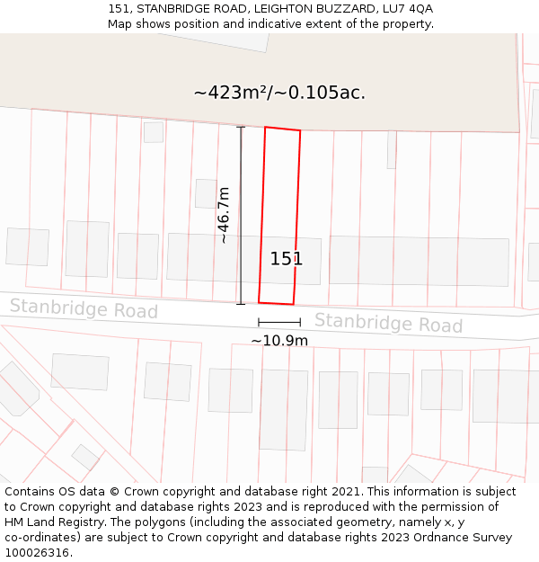 151, STANBRIDGE ROAD, LEIGHTON BUZZARD, LU7 4QA: Plot and title map