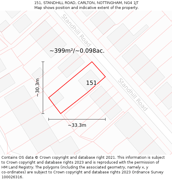 151, STANDHILL ROAD, CARLTON, NOTTINGHAM, NG4 1JT: Plot and title map