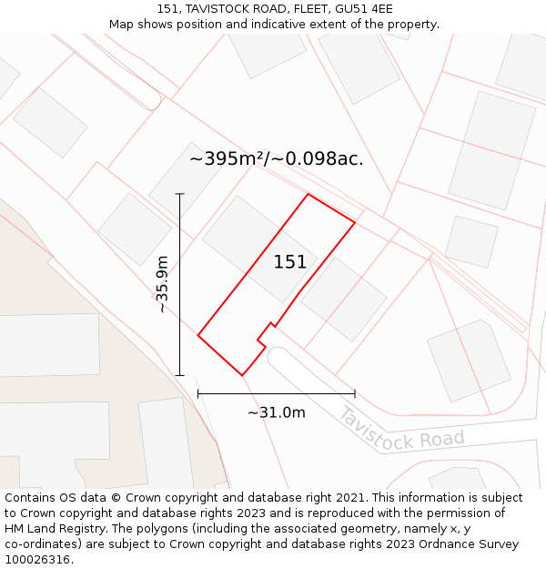 151, TAVISTOCK ROAD, FLEET, GU51 4EE: Plot and title map