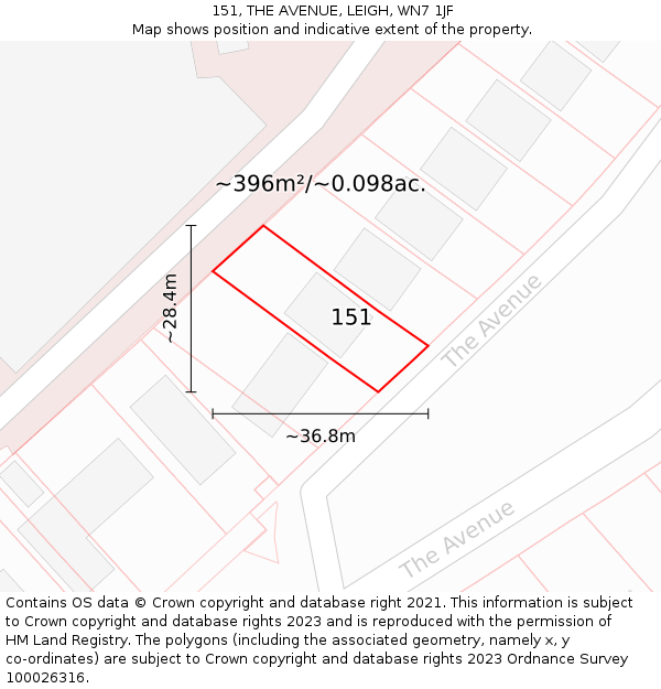 151, THE AVENUE, LEIGH, WN7 1JF: Plot and title map