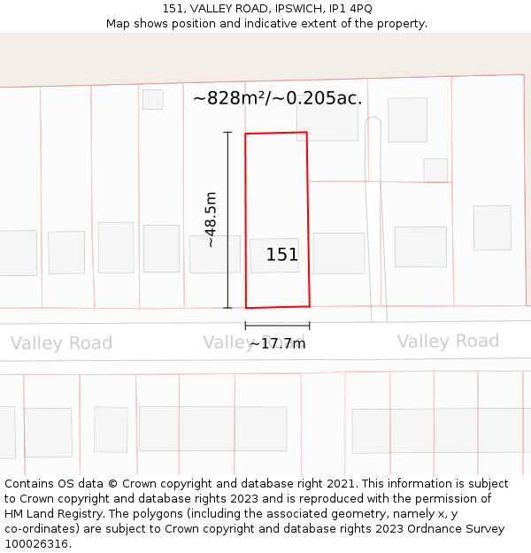 151, VALLEY ROAD, IPSWICH, IP1 4PQ: Plot and title map