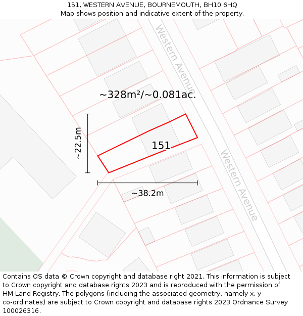 151, WESTERN AVENUE, BOURNEMOUTH, BH10 6HQ: Plot and title map