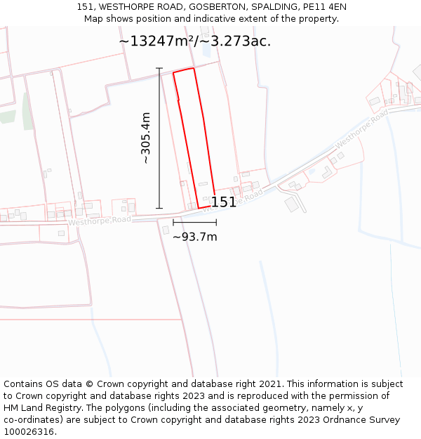 151, WESTHORPE ROAD, GOSBERTON, SPALDING, PE11 4EN: Plot and title map
