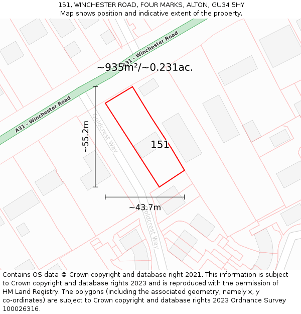 151, WINCHESTER ROAD, FOUR MARKS, ALTON, GU34 5HY: Plot and title map