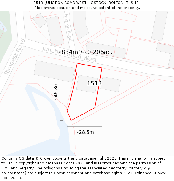 1513, JUNCTION ROAD WEST, LOSTOCK, BOLTON, BL6 4EH: Plot and title map