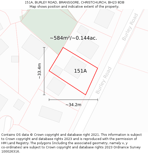 151A, BURLEY ROAD, BRANSGORE, CHRISTCHURCH, BH23 8DB: Plot and title map