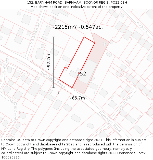 152, BARNHAM ROAD, BARNHAM, BOGNOR REGIS, PO22 0EH: Plot and title map