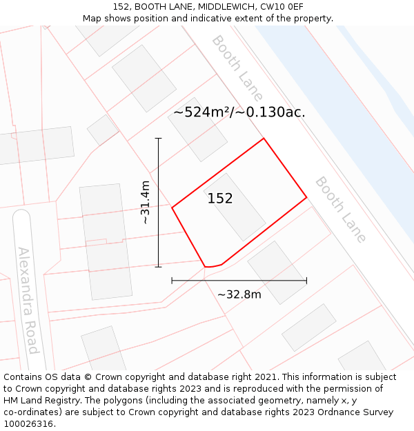 152, BOOTH LANE, MIDDLEWICH, CW10 0EF: Plot and title map