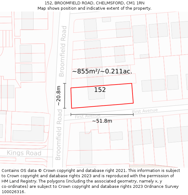 152, BROOMFIELD ROAD, CHELMSFORD, CM1 1RN: Plot and title map