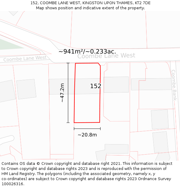 152, COOMBE LANE WEST, KINGSTON UPON THAMES, KT2 7DE: Plot and title map