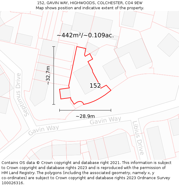 152, GAVIN WAY, HIGHWOODS, COLCHESTER, CO4 9EW: Plot and title map