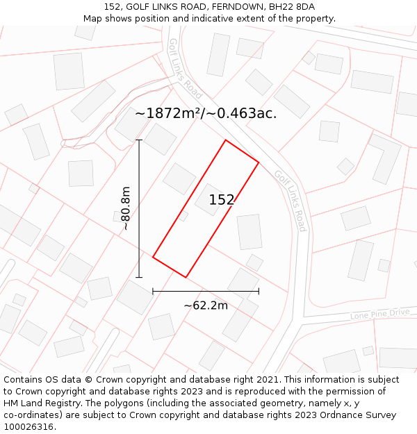 152, GOLF LINKS ROAD, FERNDOWN, BH22 8DA: Plot and title map