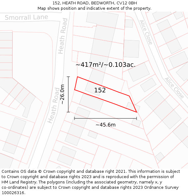 152, HEATH ROAD, BEDWORTH, CV12 0BH: Plot and title map