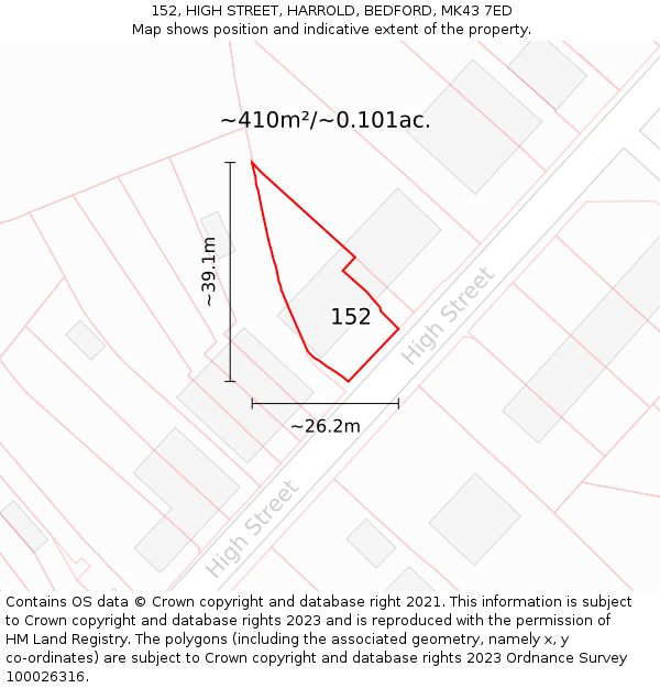 152, HIGH STREET, HARROLD, BEDFORD, MK43 7ED: Plot and title map