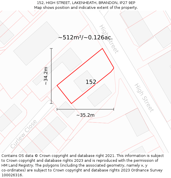 152, HIGH STREET, LAKENHEATH, BRANDON, IP27 9EP: Plot and title map