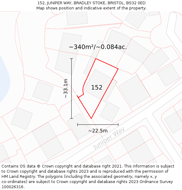 152, JUNIPER WAY, BRADLEY STOKE, BRISTOL, BS32 0ED: Plot and title map