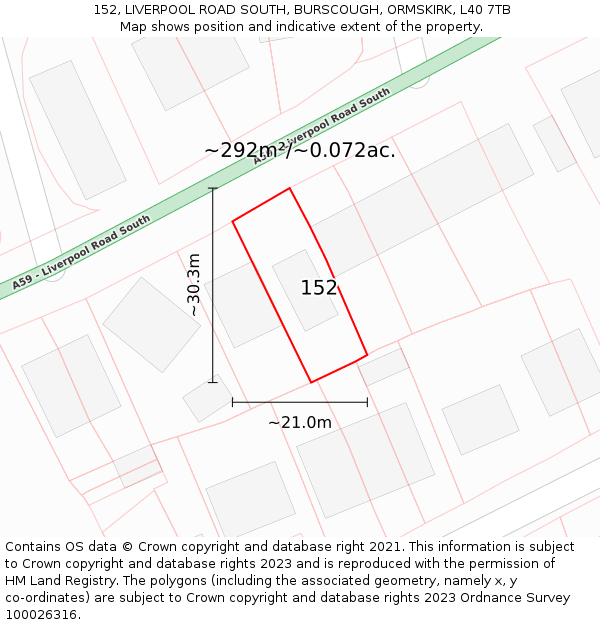 152, LIVERPOOL ROAD SOUTH, BURSCOUGH, ORMSKIRK, L40 7TB: Plot and title map