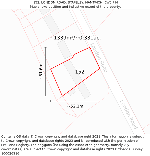 152, LONDON ROAD, STAPELEY, NANTWICH, CW5 7JN: Plot and title map