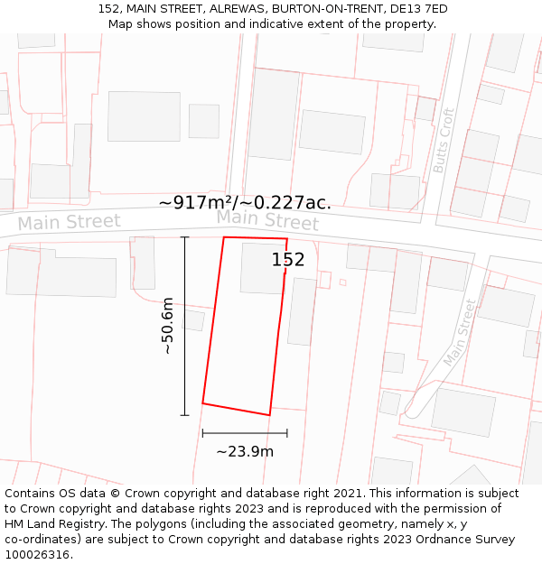 152, MAIN STREET, ALREWAS, BURTON-ON-TRENT, DE13 7ED: Plot and title map