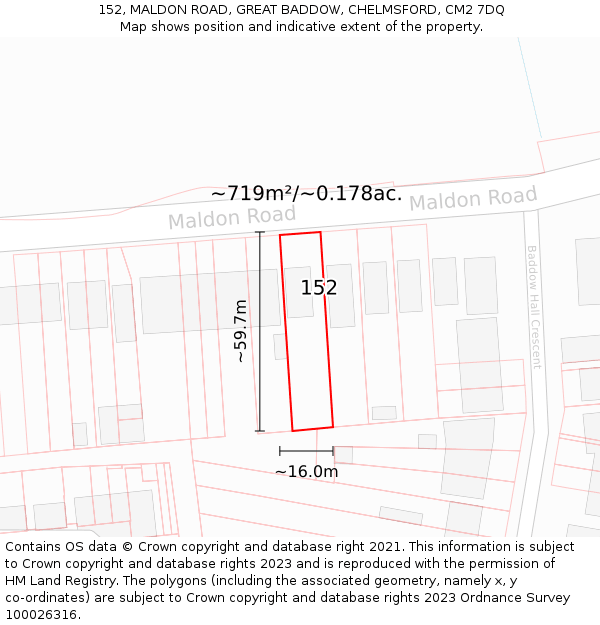 152, MALDON ROAD, GREAT BADDOW, CHELMSFORD, CM2 7DQ: Plot and title map