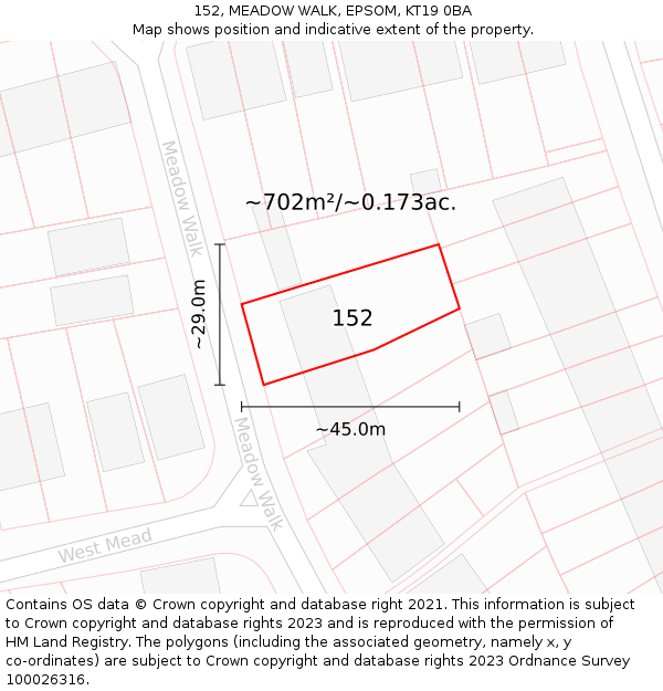 152, MEADOW WALK, EPSOM, KT19 0BA: Plot and title map