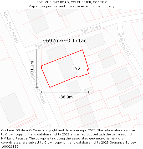 152, MILE END ROAD, COLCHESTER, CO4 5BZ: Plot and title map