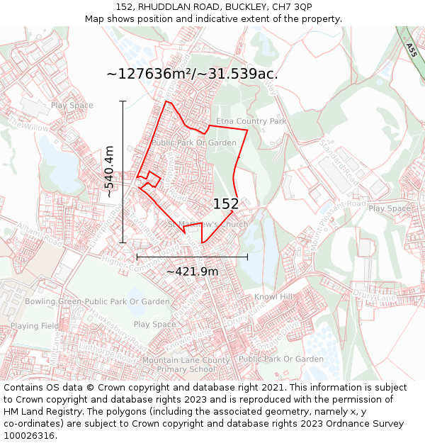 152, RHUDDLAN ROAD, BUCKLEY, CH7 3QP: Plot and title map