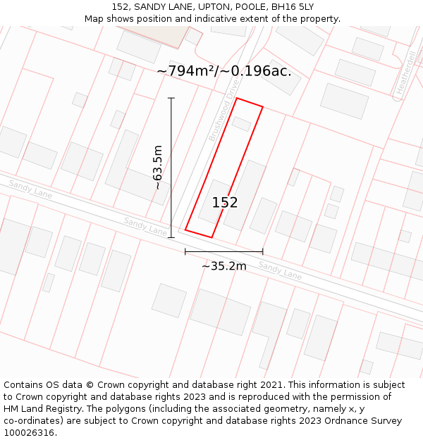 152, SANDY LANE, UPTON, POOLE, BH16 5LY: Plot and title map