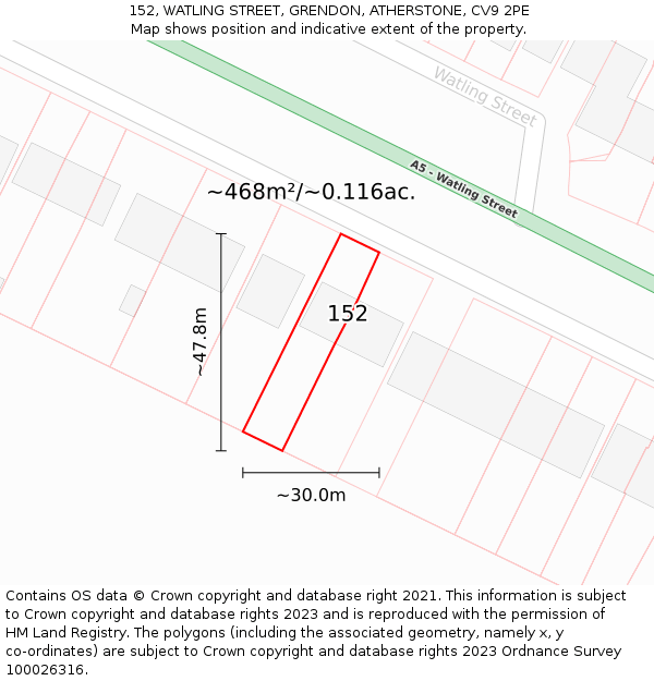 152, WATLING STREET, GRENDON, ATHERSTONE, CV9 2PE: Plot and title map