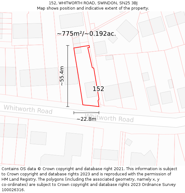 152, WHITWORTH ROAD, SWINDON, SN25 3BJ: Plot and title map