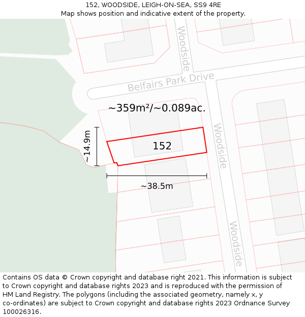 152, WOODSIDE, LEIGH-ON-SEA, SS9 4RE: Plot and title map