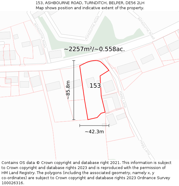 153, ASHBOURNE ROAD, TURNDITCH, BELPER, DE56 2LH: Plot and title map