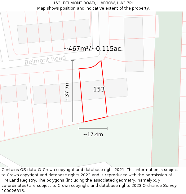 153, BELMONT ROAD, HARROW, HA3 7PL: Plot and title map