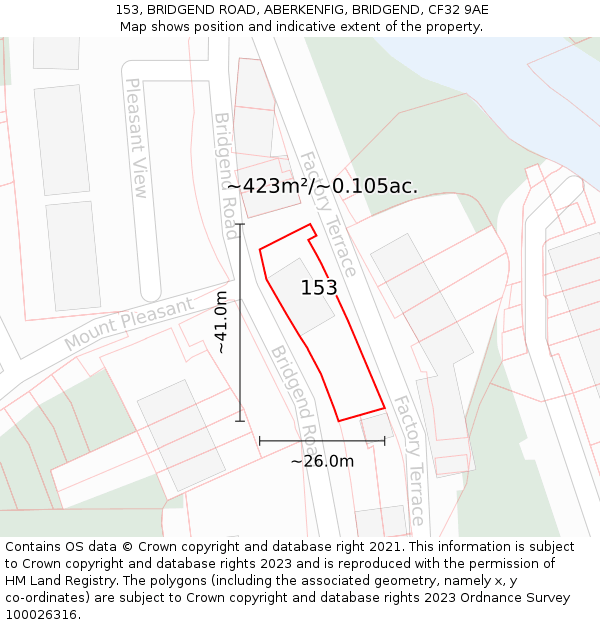 153, BRIDGEND ROAD, ABERKENFIG, BRIDGEND, CF32 9AE: Plot and title map
