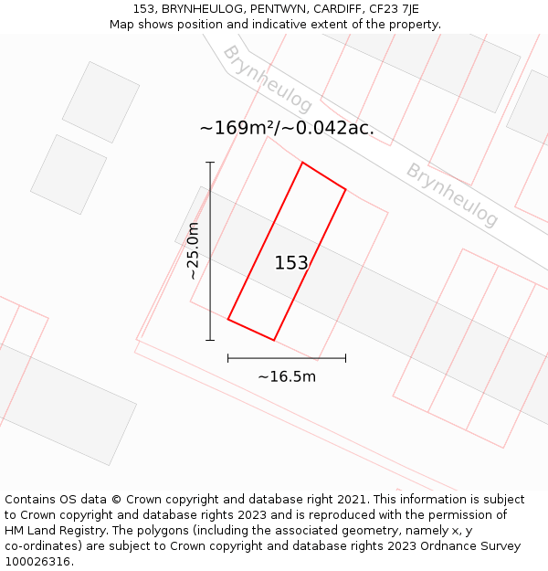 153, BRYNHEULOG, PENTWYN, CARDIFF, CF23 7JE: Plot and title map