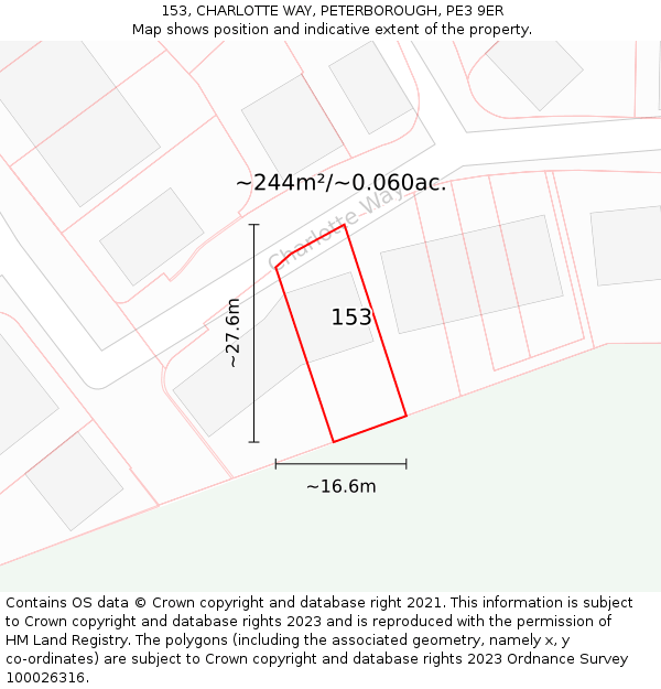 153, CHARLOTTE WAY, PETERBOROUGH, PE3 9ER: Plot and title map