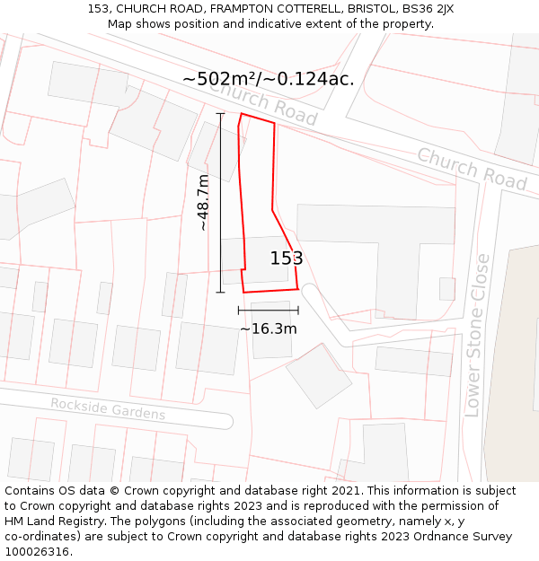 153, CHURCH ROAD, FRAMPTON COTTERELL, BRISTOL, BS36 2JX: Plot and title map