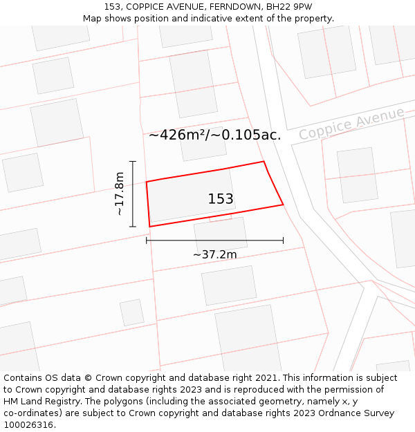 153, COPPICE AVENUE, FERNDOWN, BH22 9PW: Plot and title map