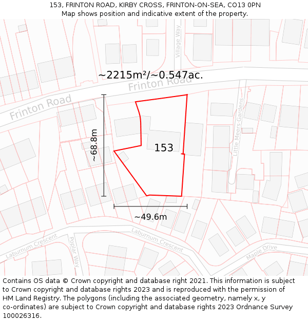 153, FRINTON ROAD, KIRBY CROSS, FRINTON-ON-SEA, CO13 0PN: Plot and title map