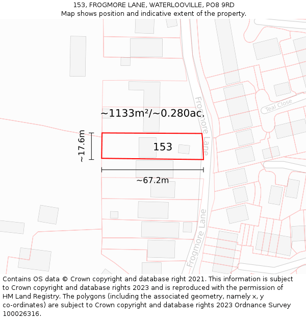 153, FROGMORE LANE, WATERLOOVILLE, PO8 9RD: Plot and title map