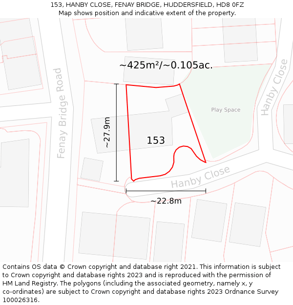 153, HANBY CLOSE, FENAY BRIDGE, HUDDERSFIELD, HD8 0FZ: Plot and title map