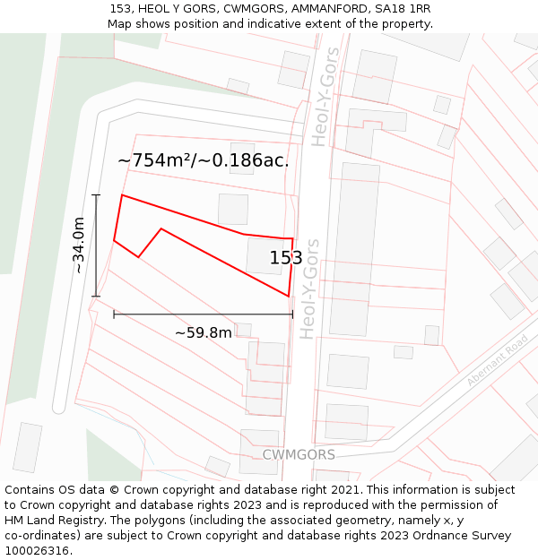 153, HEOL Y GORS, CWMGORS, AMMANFORD, SA18 1RR: Plot and title map