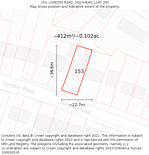 153, LONDON ROAD, HOLYHEAD, LL65 2NY: Plot and title map